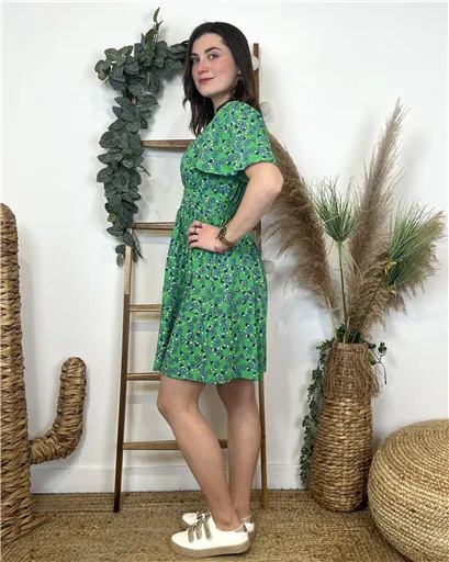Robe Florale Maëlle Vert Brésil - Bleu Clair